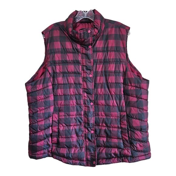 GAP Women's XXL 2X Puffer Vest Buffalo Check Red Black Snaps Gorpcore 48" AS IS - Picture 1 of 8